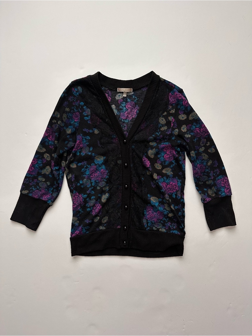 Just Ginger Black Floral Button Cardigan with Purple & Teal Flowers